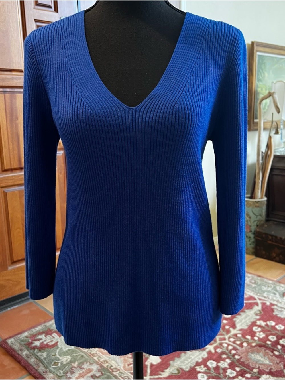 St. John Sweater Womens Large Blue Wool Silk Cashmere  V Neck 3/4 Pullover